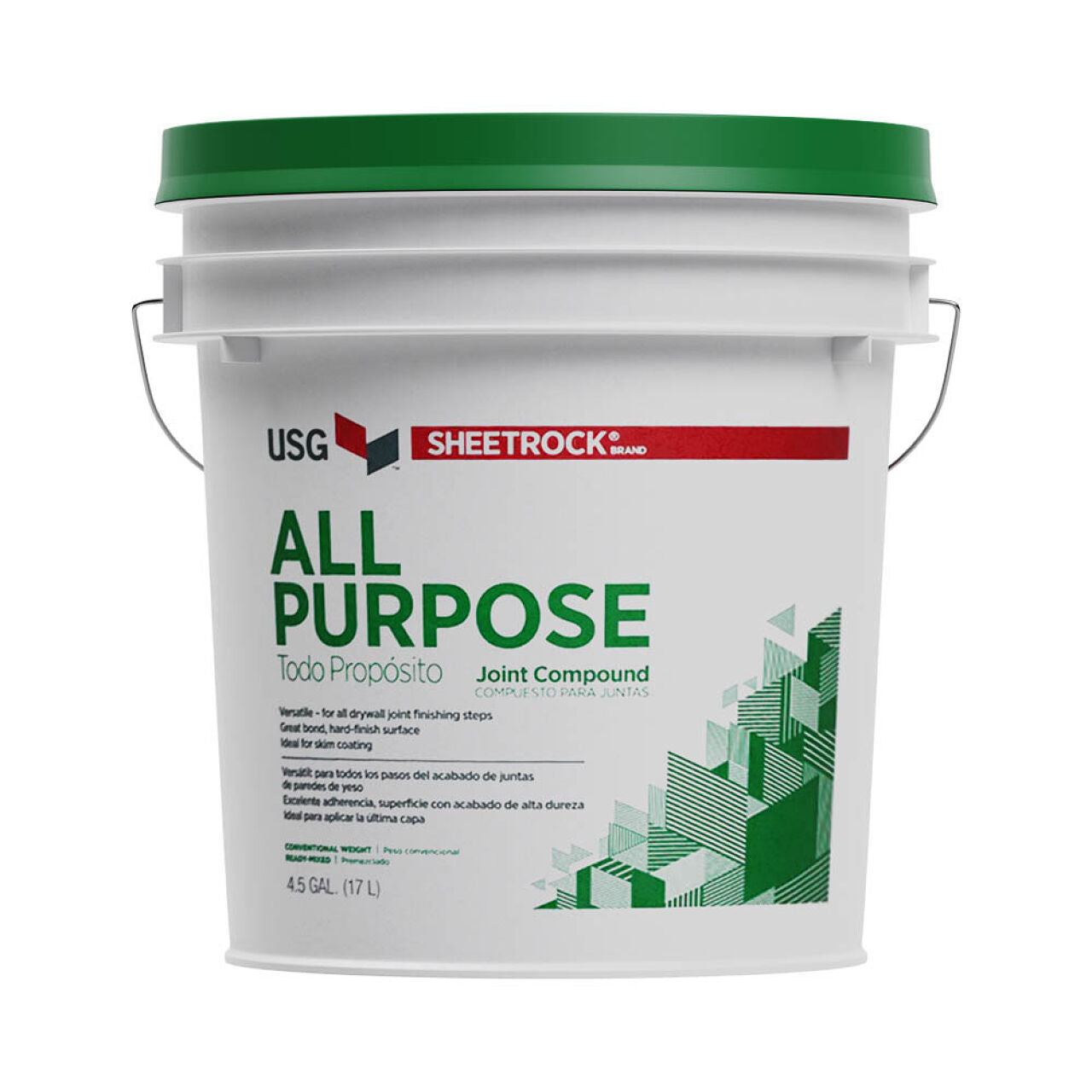 A 4.5-gallon bucket of USG 4.5 gal. All-Purpose Joint Compound - Pre-Mixed is conveniently pre-mixed and labeled in English and Spanish. The white bucket showcases a striking green and red design with geometric patterns on the side.